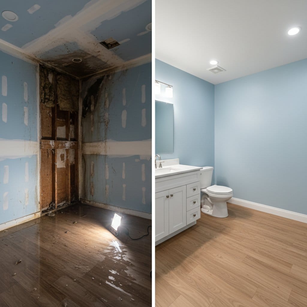 Before and after water damage restoration in Ho-Ho-Kus split-level home bathroom