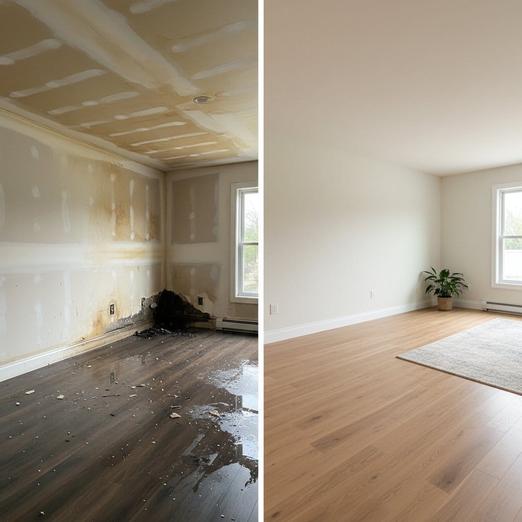 Emergency Water Removal before and after in living room, Ho-Ho-Kus NJ