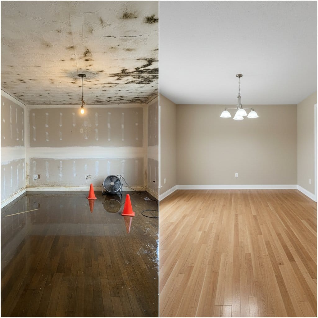 Before and after burst pipe & plumbing leak damage in Ho-Ho-Kus bungalow dining room