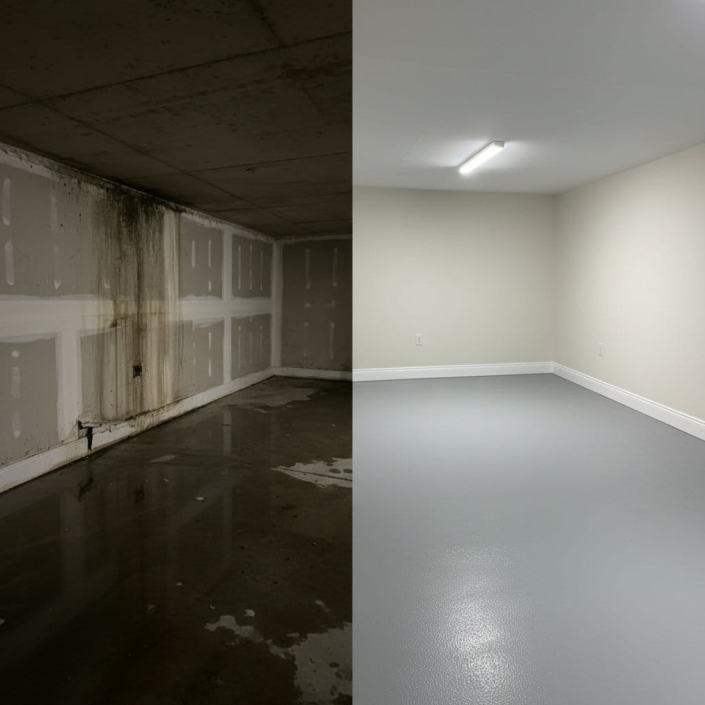 Carpet & Flooring Water Damage Cleanup before and after in garage, Ho-Ho-Kus NJ