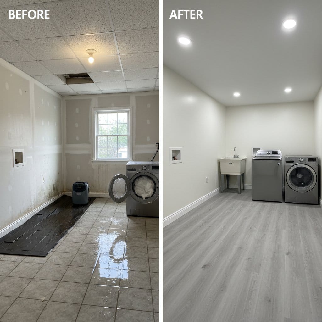 Wall & Ceiling Dry-Out restoration β laundry room of Cape Cod house in Ho-Ho-Kus, NJ