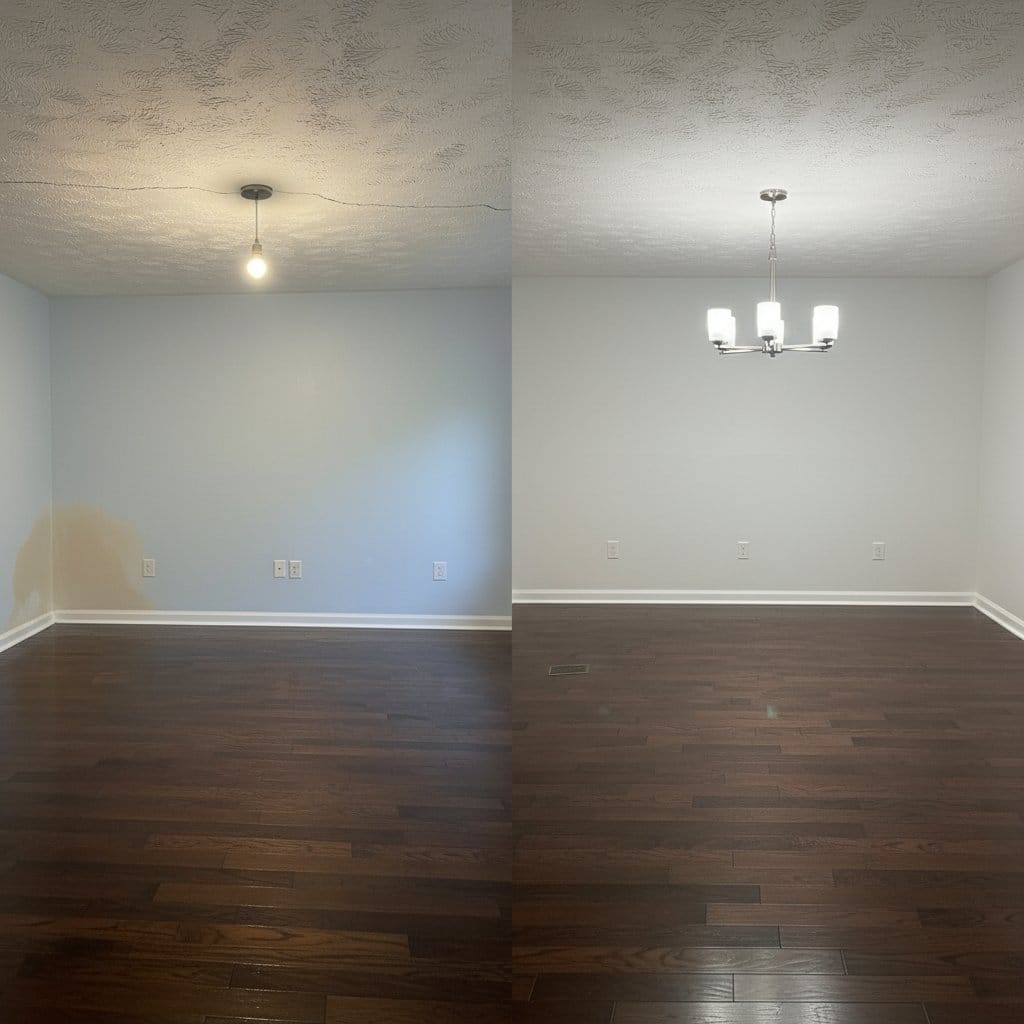 Before and after wall & ceiling dry-out in Ho-Ho-Kus ranch-style home dining room