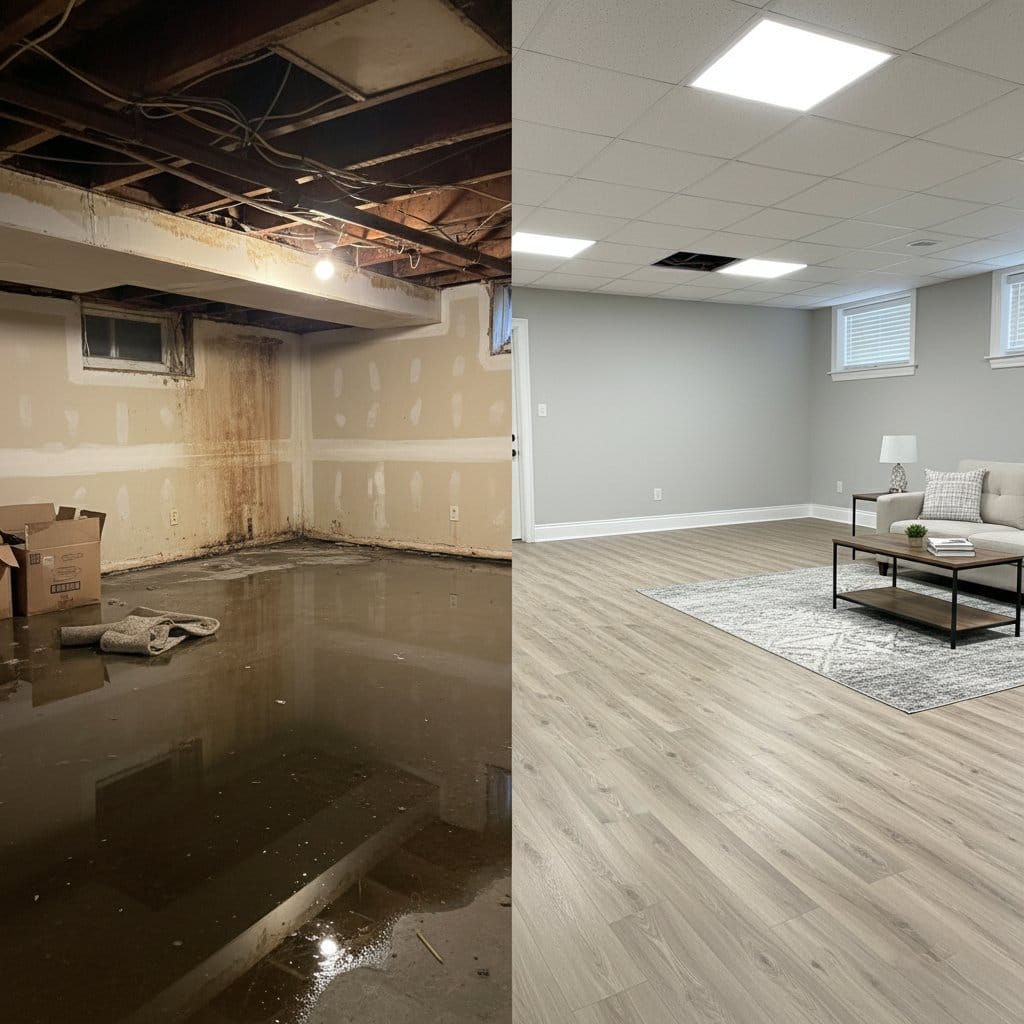 Content Drying & Property Cleanup before and after in finished basement, Ho-Ho-Kus NJ