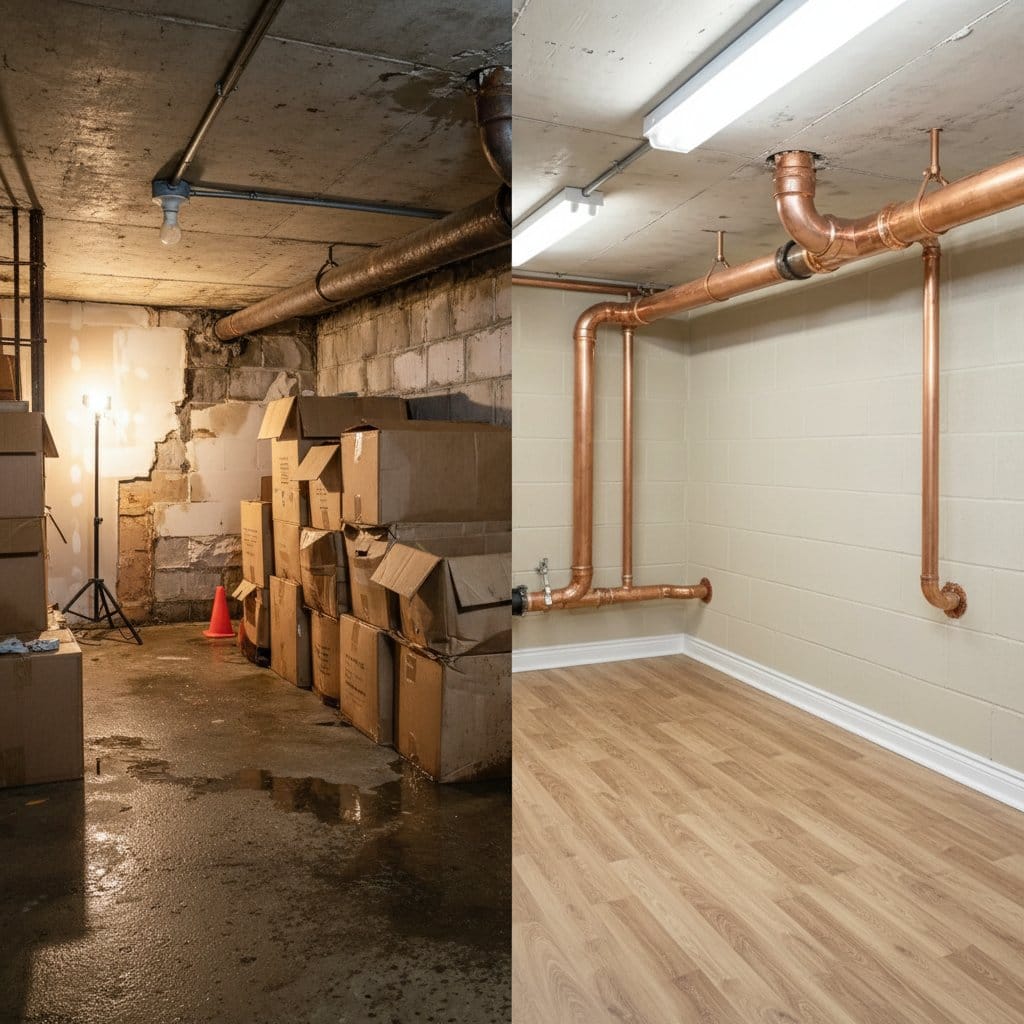 Mold Prevention After Water Damage before and after in residential basement, Ho-Ho-Kus NJ